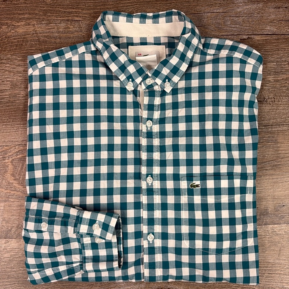 Lacoste Men’s Long Sleeve Button Down Shirt XXL Teal White Gingham Check Classic